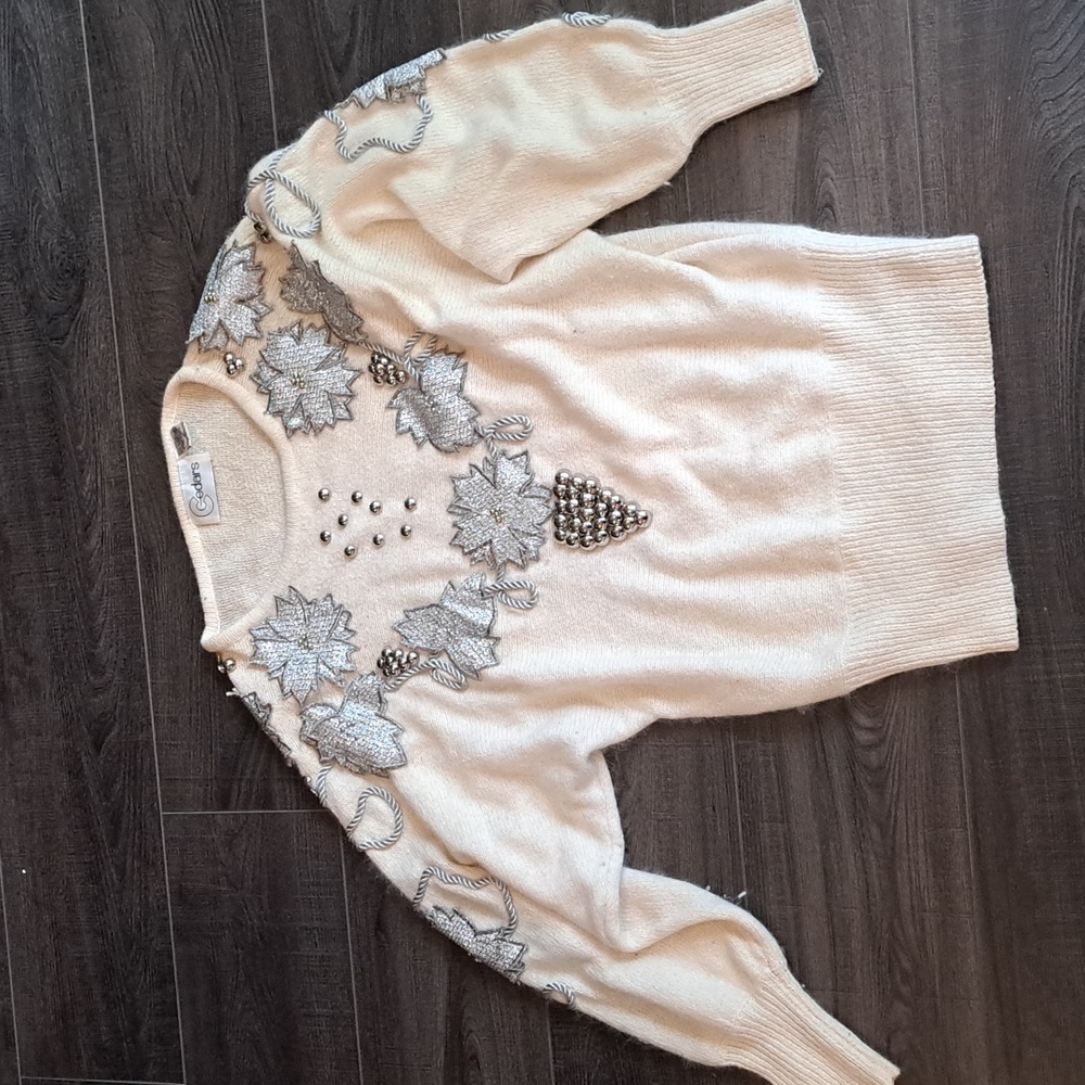 Cedars Vintage Cream Sweater with Silver Leaf Embellishments Scoop Neck